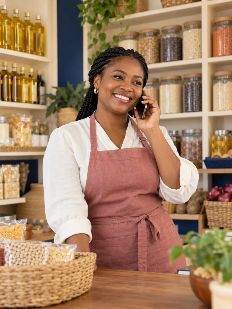 A woman answering a phone call in a pantry shop — illustrative scene