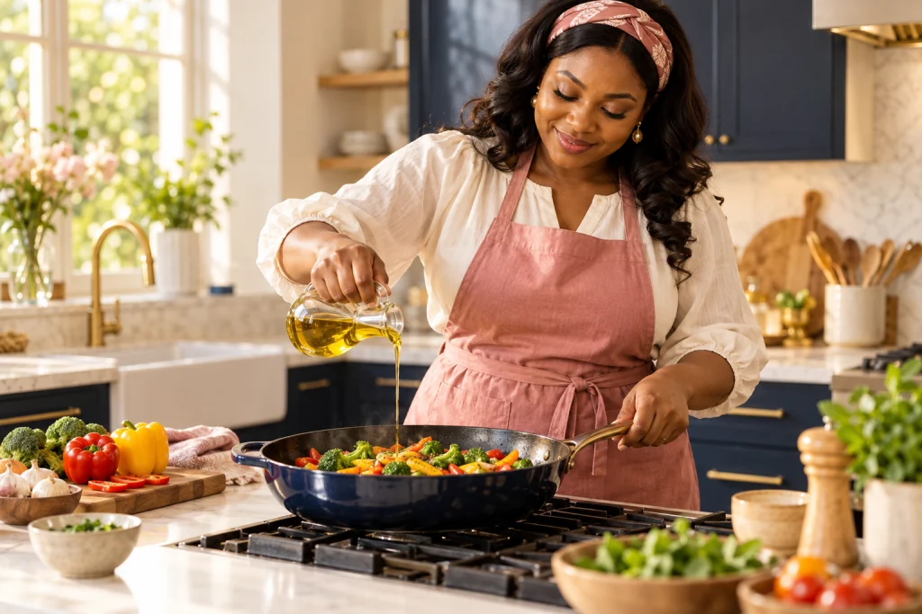 A woman preparing vegetables with cooking oil — illustrative scene
