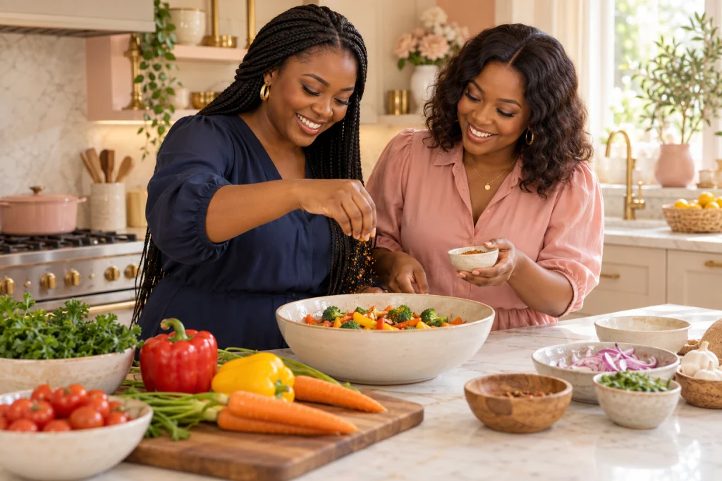 Two women seasoning vegetables together — illustrative scene