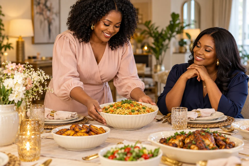 Women sharing a meal at a welcoming table — illustrative scene