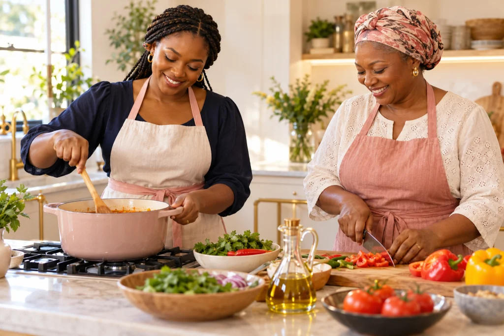 Two women preparing a meal together in a warm kitchen — illustrative image